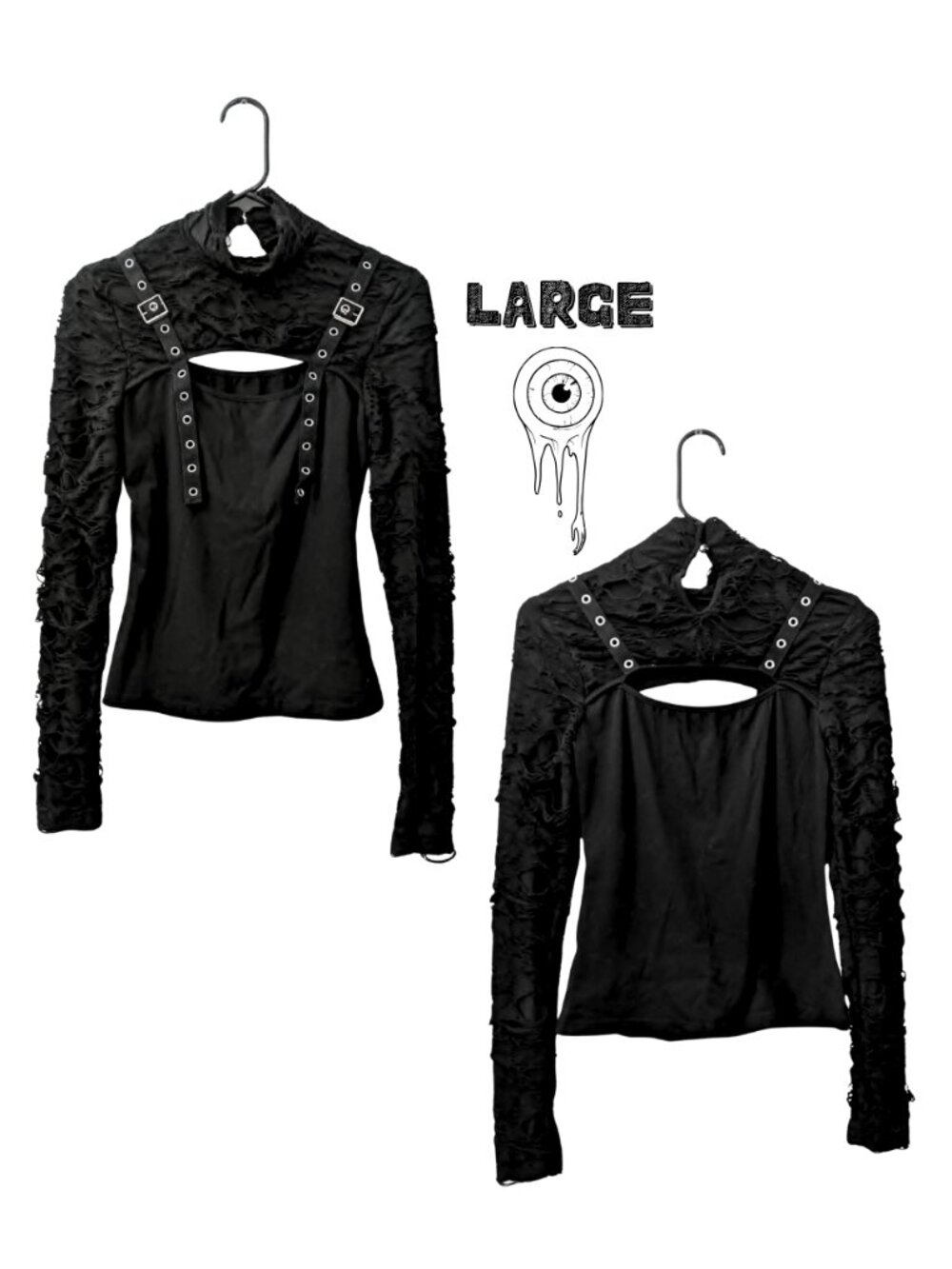 Black Distressed Mesh Harness Cutout Long-Sleeve Goth Punk Top Size L